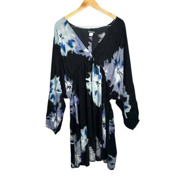Venus Black Floral V-Neck Boho Slouchy Caftan Hi-Low Mini Dress Size Large - Picture 3 of 9